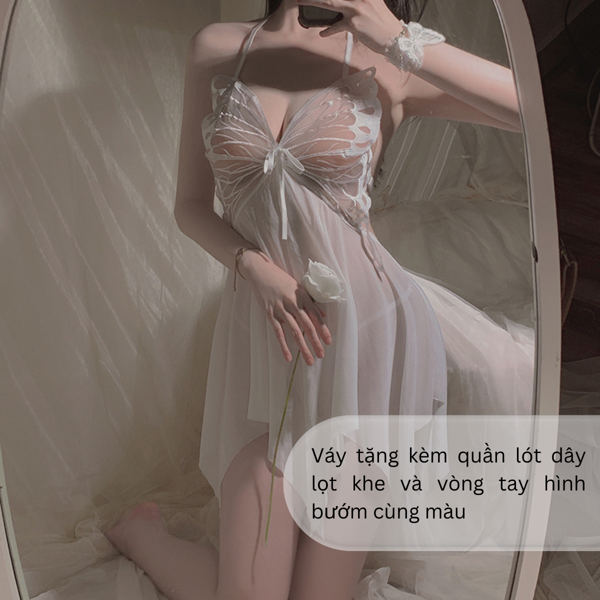Váy ngủ họa tiết cánh bướm Vicke Secvia chất voan cao cấp mềm mịn - đầm hở lưng - xẻ tà - phối lưới gợi cảm - sexy 3713