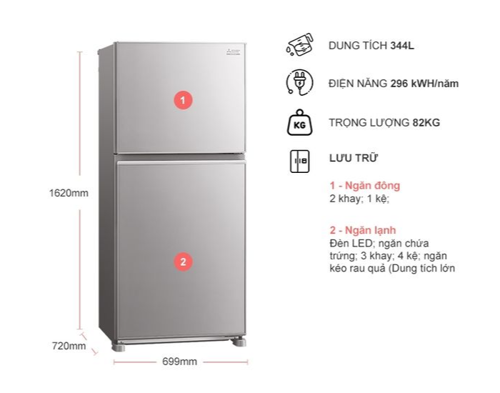 TỦ LẠNH MITSUBISHI ELECTRIC 344 LÍT MR-FX43EN-GSL-V (2 CỬA) - HÀNG CHÍNH HÃNG