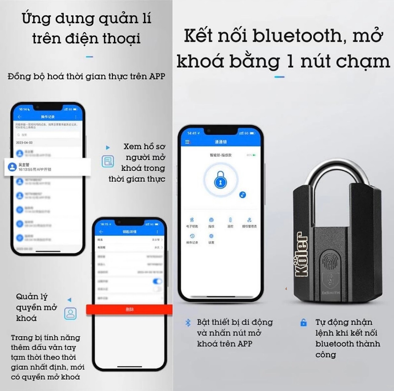 Khóa Móc Vân Tay KOLER. Mở Bằng APP, Vân tay và Chìa cơ. Chống Nước Và Quản Lý Mở cửa.