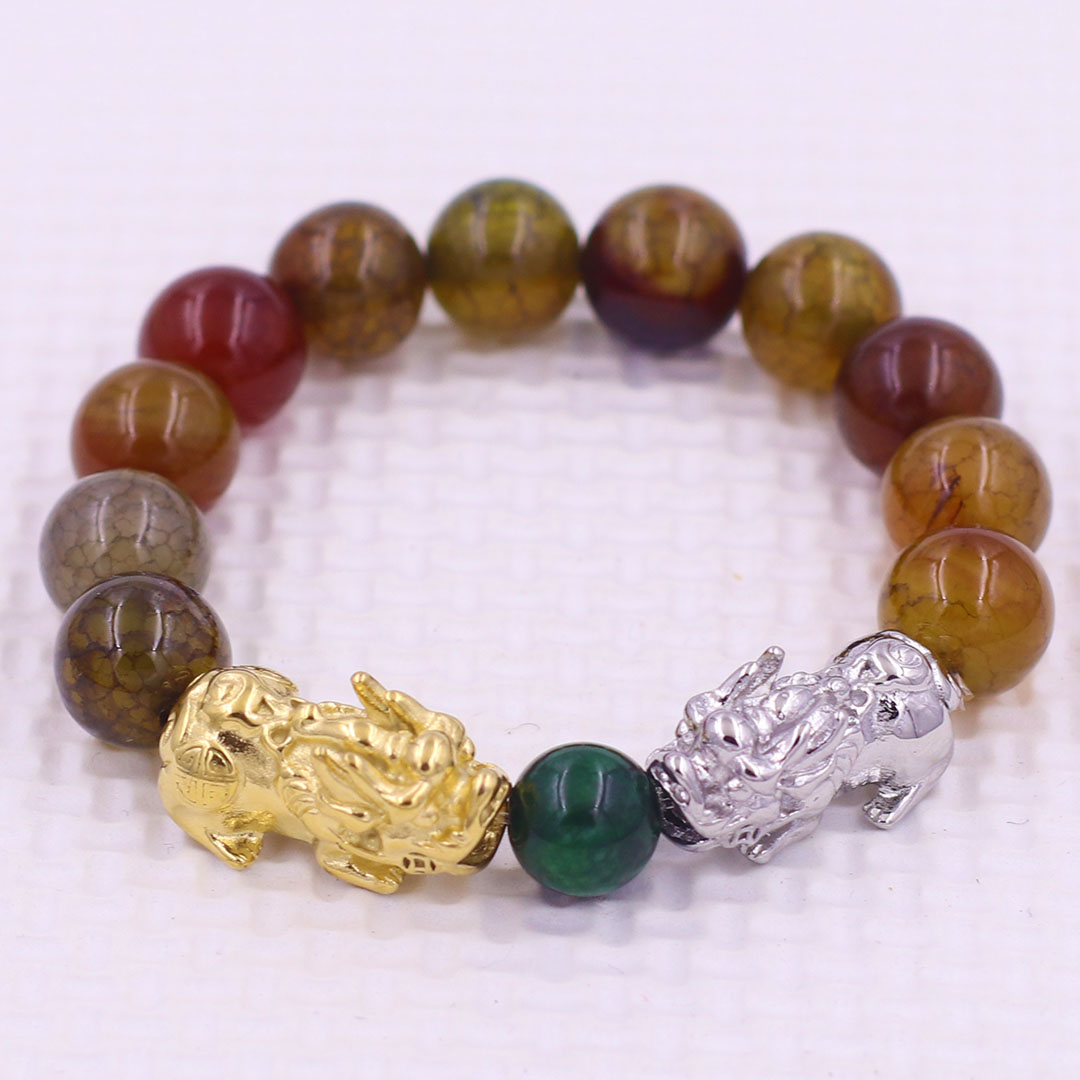 Vòng chuỗi đeo tay mã não vân rạn 12 ly charm tỳ hưu đôi inox trắng và vàng, vòng chuỗi phong thủy, charm tỳ hưu, vòng tay hạt chuỗi
