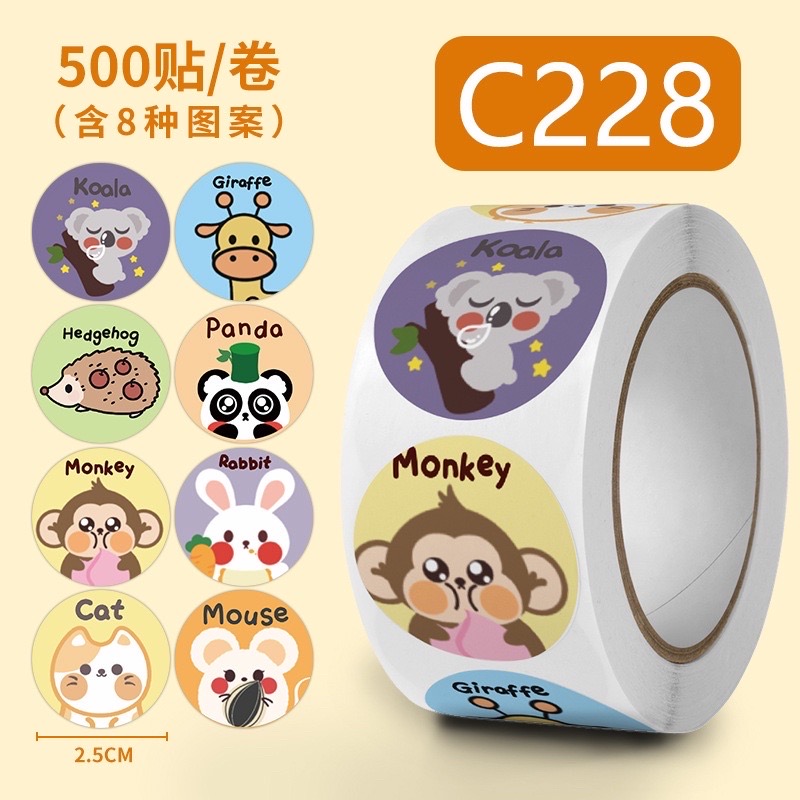 Cuộn 500 nhãn dán tên sticker hình con vật size 2.5cm