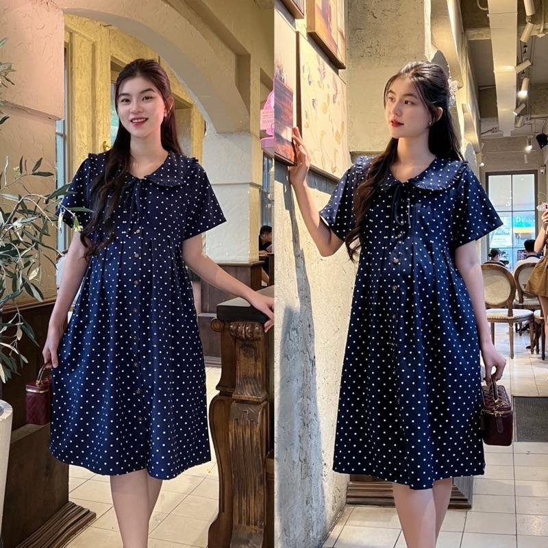 Đầm bầu chấm bi cổ sen phối nút dáng suông cho mẹ mang bầu và sau sinh Váy Bầu Dễ Thương - Bi xanh đen