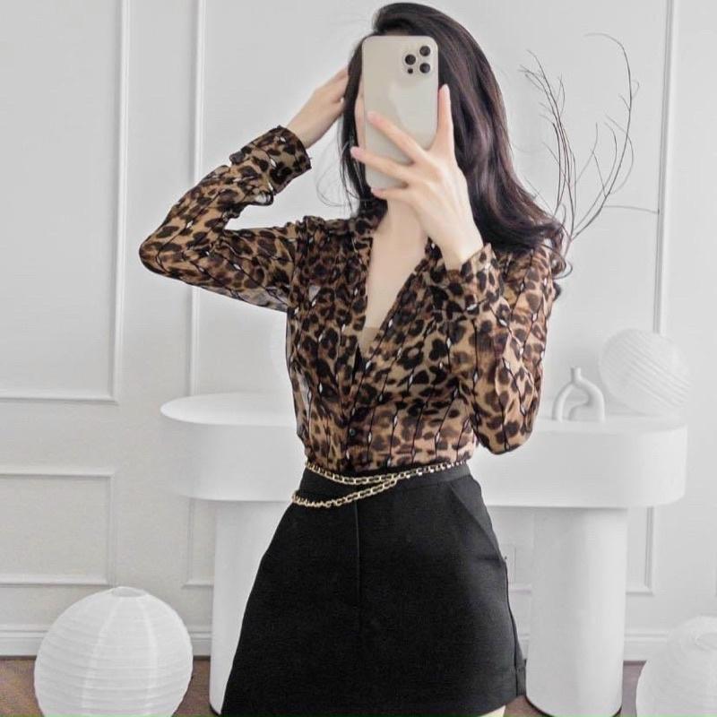 Áo sơ mi nữ dài tay, áo sơ mi công sở dáng hàn quốc hoạ tiết Beo form dài chất liệu sang chảnh cao cấp