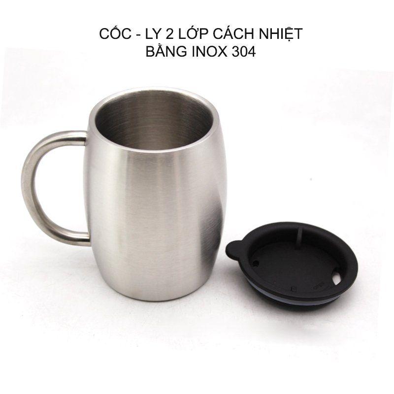 LY UỐNG CAFE BẰNG INOX 304, LOẠI 2 LỚP CHỐNG NÓNG, CÓ NẮP