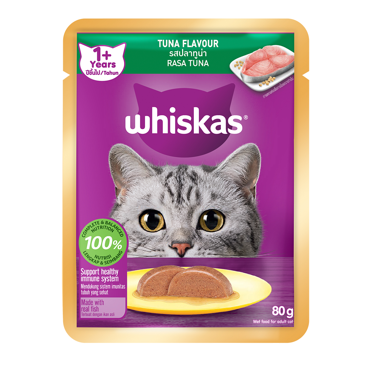 Thức Ăn Cho Mèo WHISKAS 1+ years Vị Cá Ngừ 80g/Gói