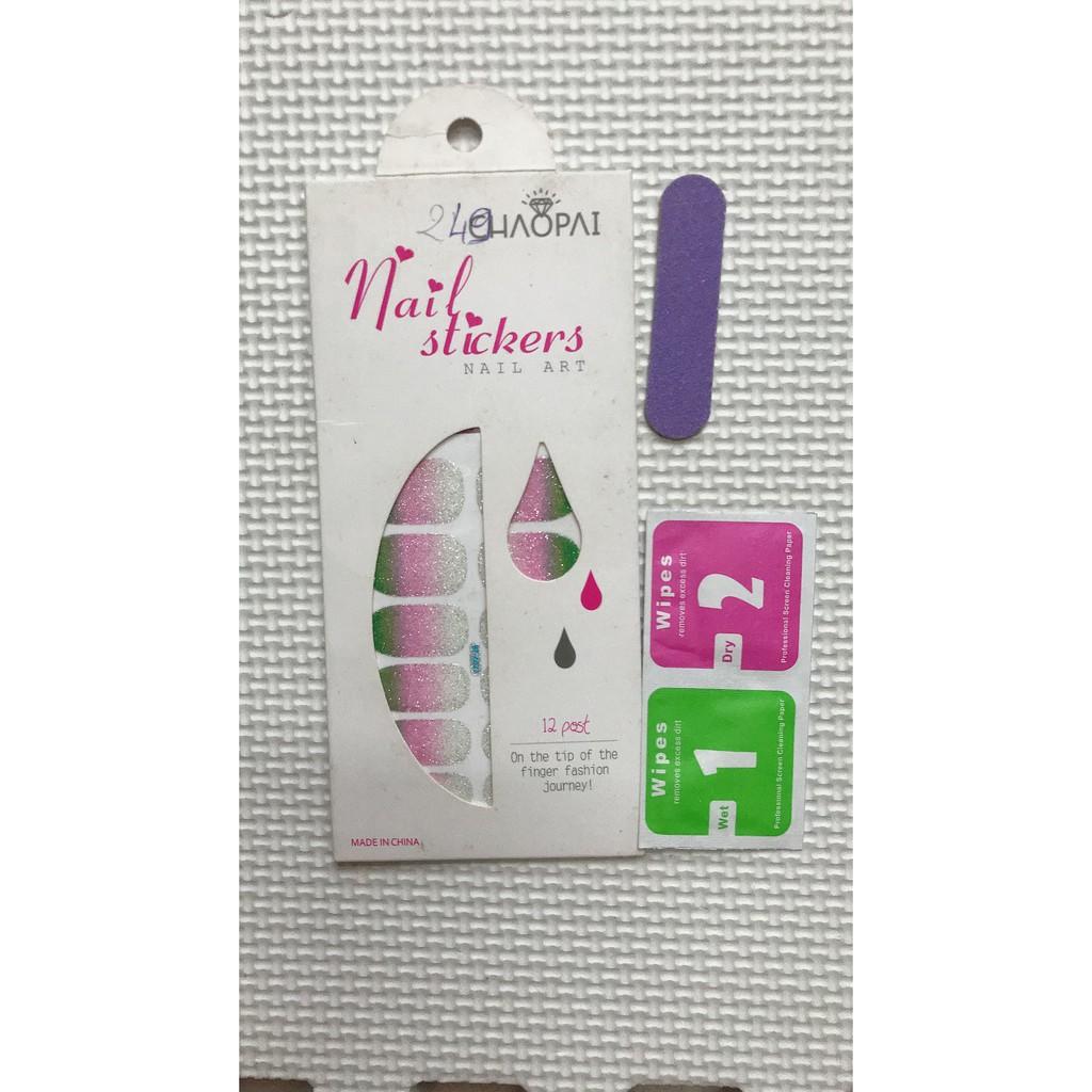 Lô 12 sticker miếng dán móng nail art mix 3 màu- tặng kèm 1 giũa mini và 2 khăn khô vô trùng