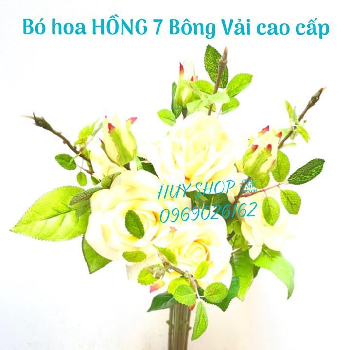 HOA GIẢ TRANG TRÍ - BÓ HOA HỒNG NỞ 7 BÔNG VẢI CAO CẤP