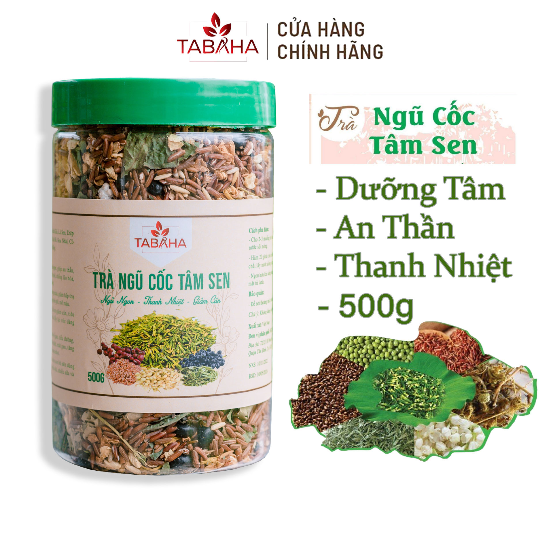 Trà Ngũ Cốc Tâm Sen Tabaha Hộp 500g Thanh Nhiệt Cơ Thể Ngủ Ngon Từ 10 Thành Phần