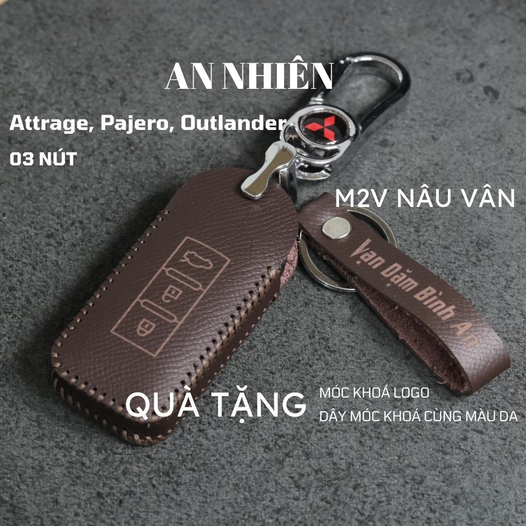 Bao da dành cho móc khoá bọc ốp chìa khóa xe ô tô Mitsubishi Attrage, Outlander, Pajero, da bò, nhiều màu, khâu thủ công Mitsu2