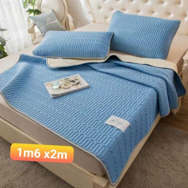 Chiếu điều hòa TENCEL loại 1m6 cao su non mát lạnh màu xanh biển tặng kèm 2 vỏ áo gối
