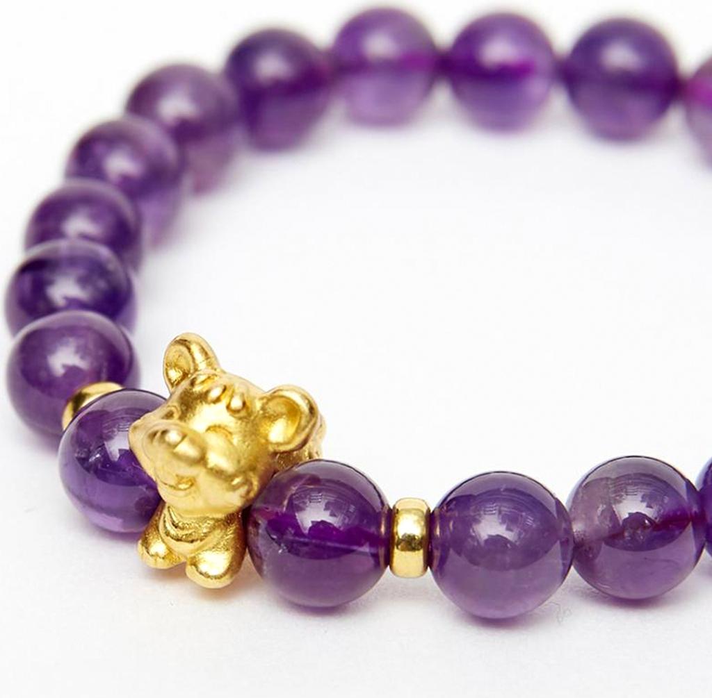 Vòng tay đá thạch anh tím charm tuổi tý bạc mạ vàng 24K 8mm mệnh hỏa, thổ - Ngọc Quý Gemstones