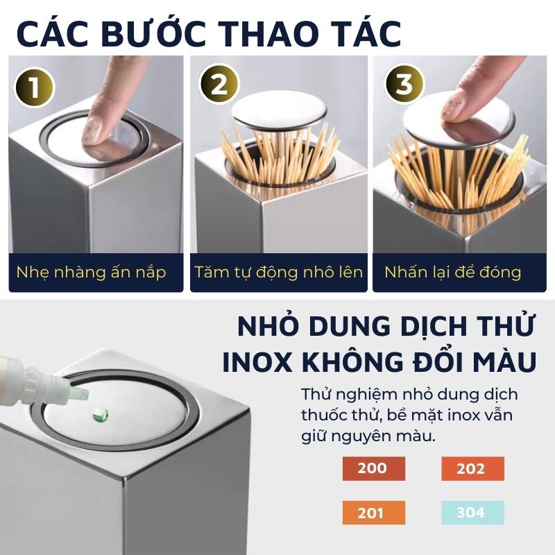 Lọ đựng tăm inox 304 DandiHome nắp bấm đóng mở hoàn toàn kín