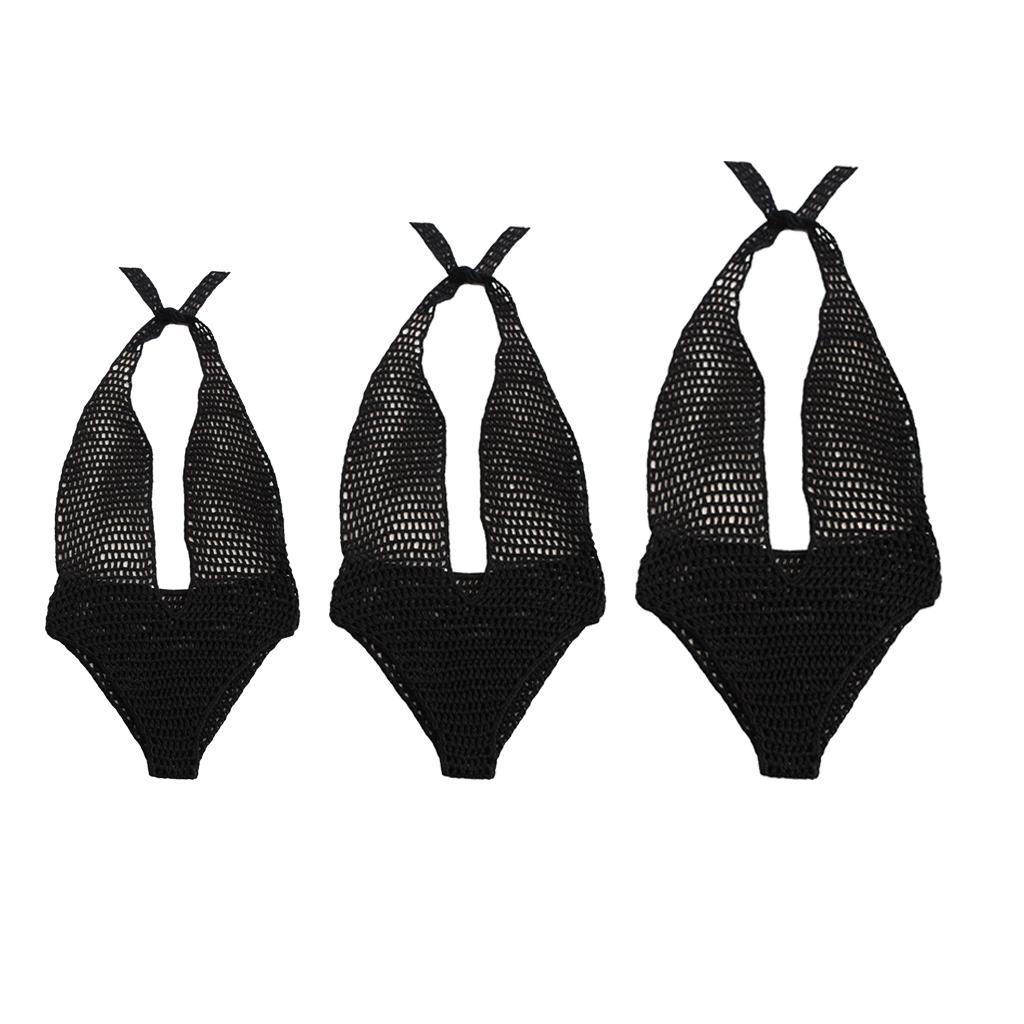 Fashion Women Ladies Black One Piece Crochet Knit Beach Bikini Monokini Swimwear Halter Deep V-neck Beachwear