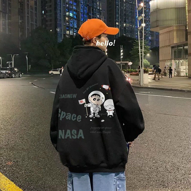 Áo Khoác Hoodie in SHIN cậu bé bút chì,chât Nỉ Basic Unisex Form Rộng Tay Phồng Mũ To 2 Lớp
