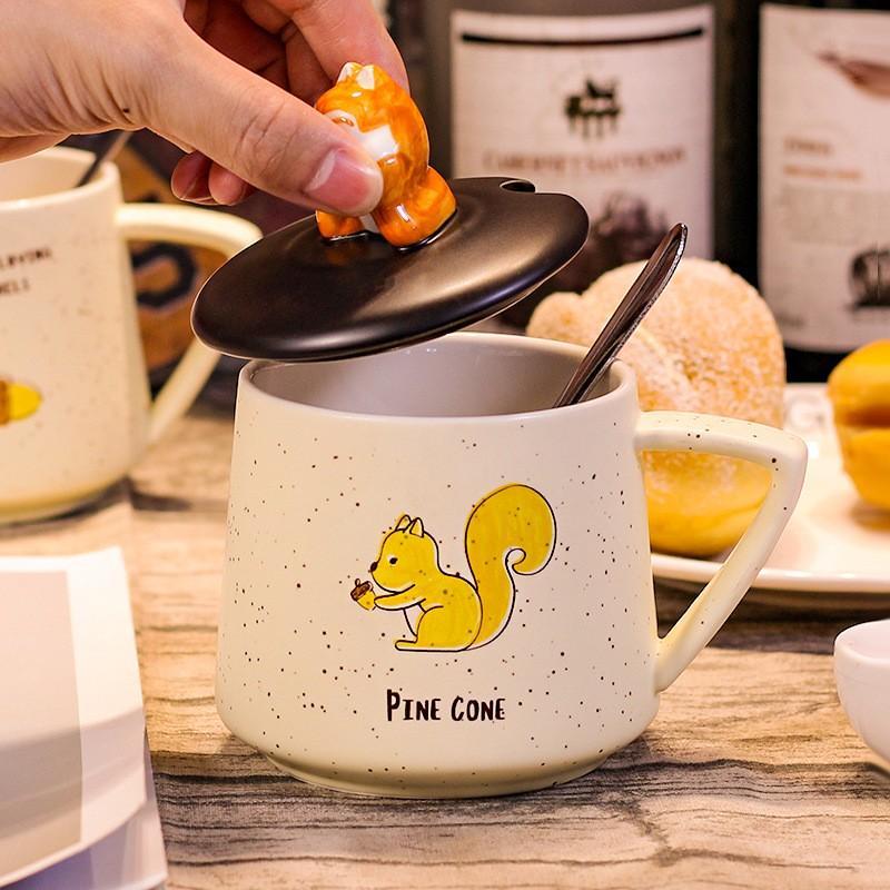 Cốc Uống Cafe Chú Sóc Dễ Thương 3D Vẽ Tay - Ly Uống Nước Có Nắp Và Thìa 400ml