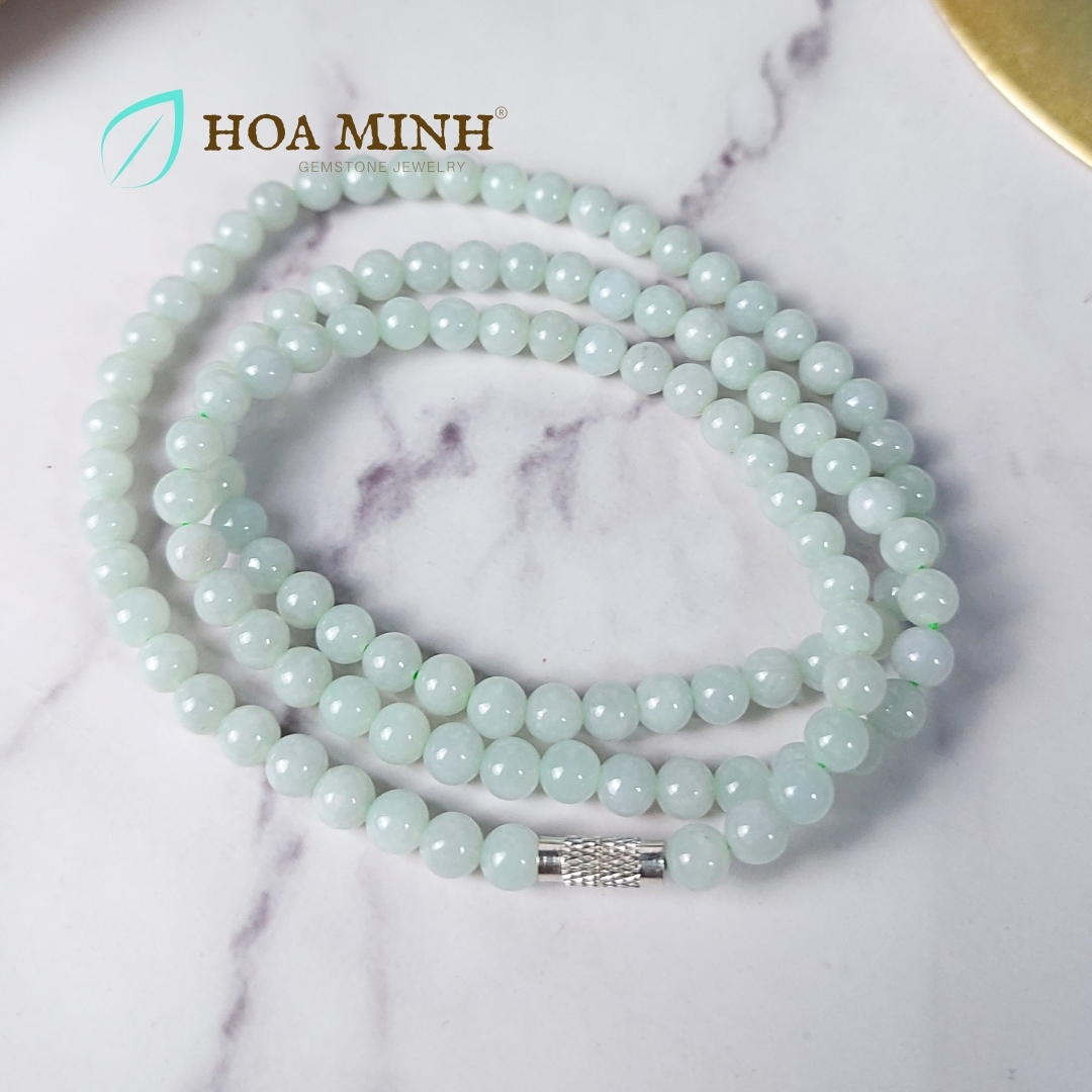 Vòng cổ 108 hạt ngọc Cẩm Thạch A xanh táo size hạt 5.5 li (có thể đeo thành vòng tay) VIP, trong bóng | Hoa Minh Gem