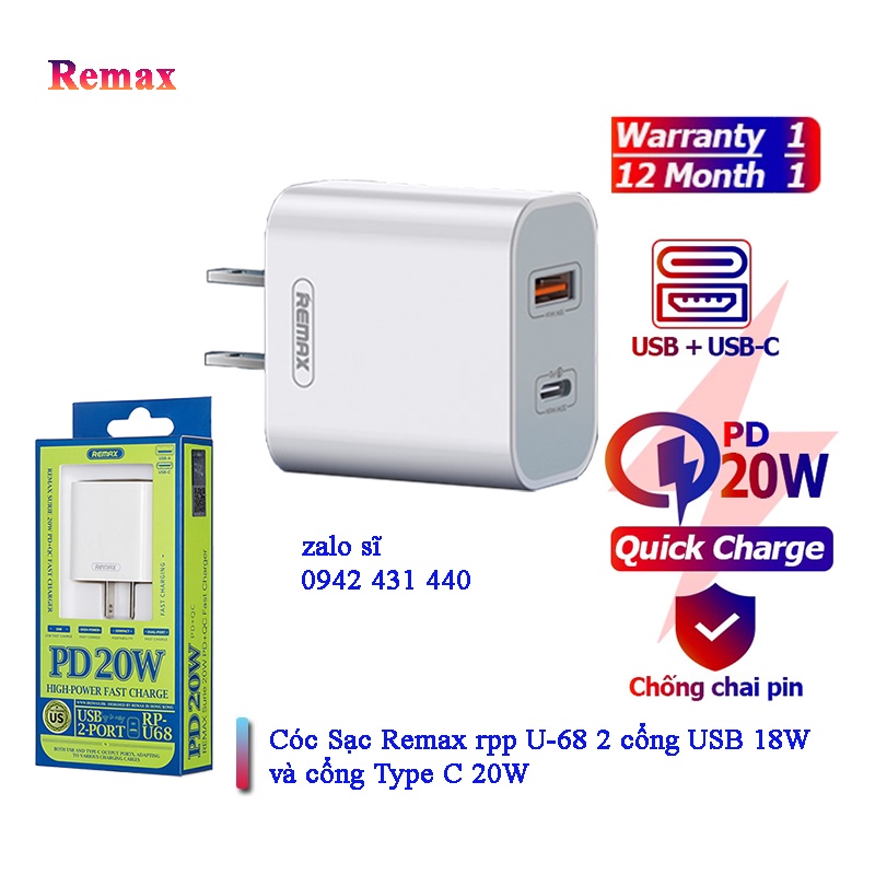 Củ Sạc Nhanh 20W Cho iPhone Remax RP-U68 Chuẩn QC3.0+PD - Hàng Chính Hãng
