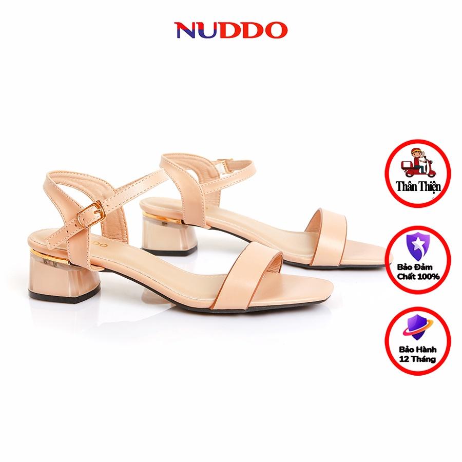 Sandal cao gót nữ NUDDO 3 phân quai ngang gót vuông mũi vuông da lì thời trang hàn quốc đẹp cao cấp _ NC303