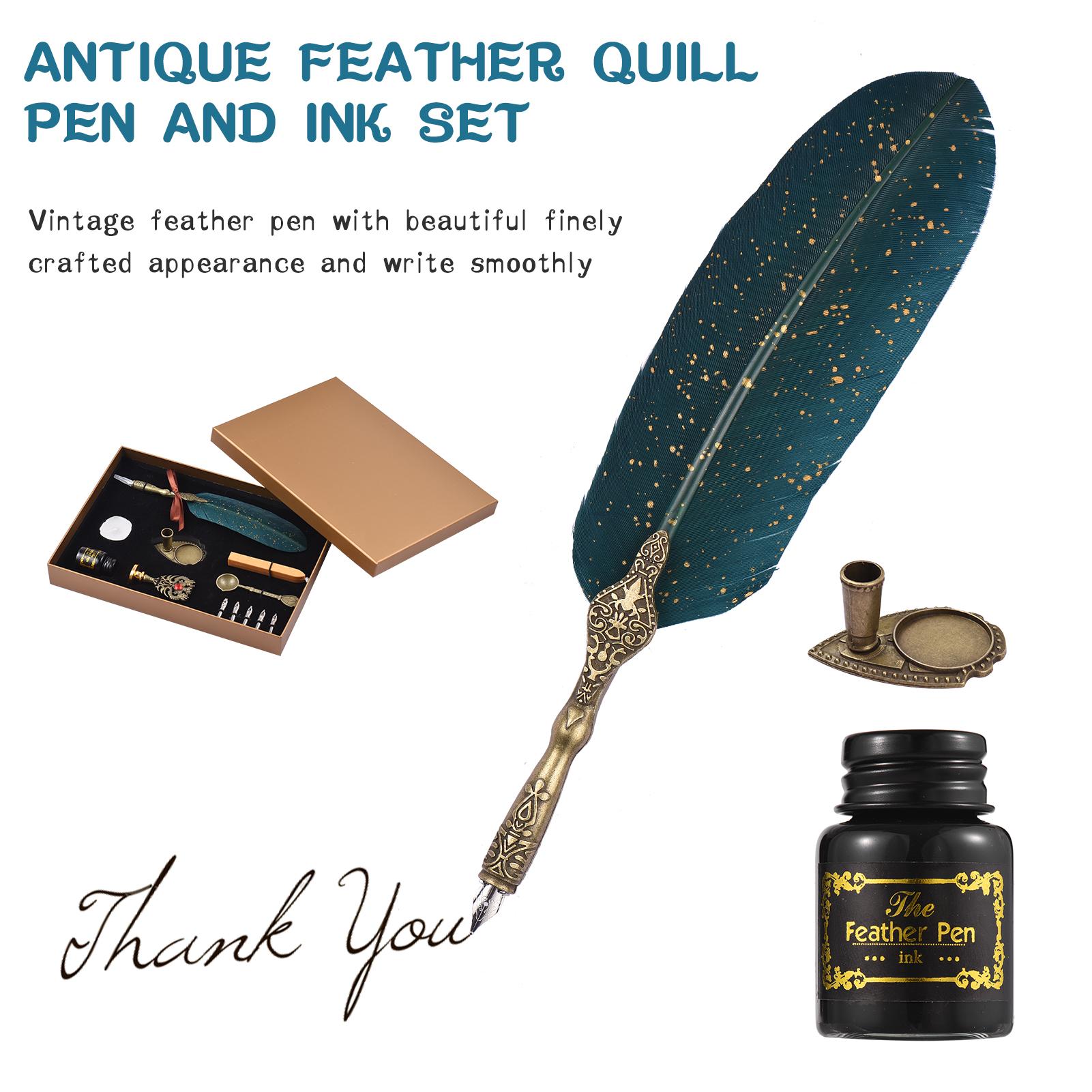 Calligraphy Pen Ink Set and Wax Seal Kit Quill Pen and Ink Set Feather Pen Antique Calligraphy Dip Pen with 10 Replacement Nibs Vintage Gift Box