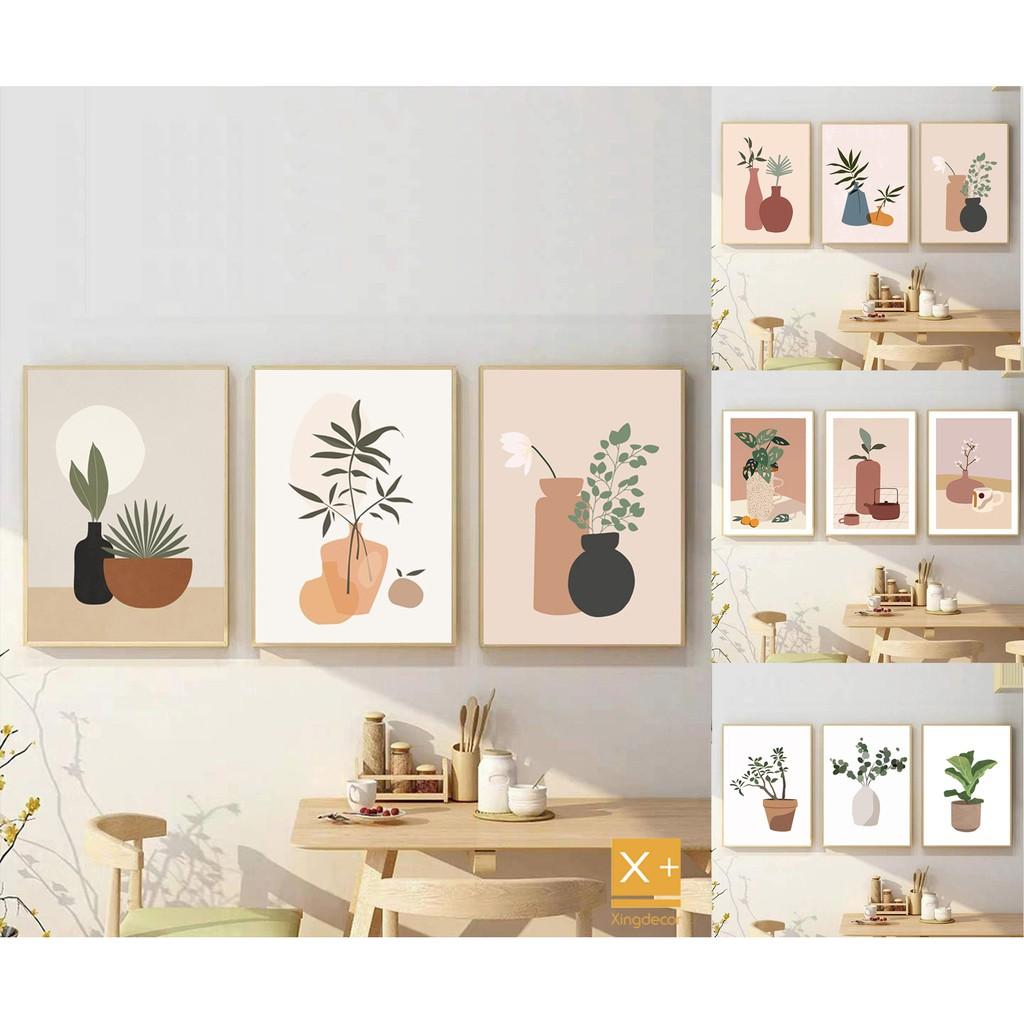 12 Bộ tranh treo tường, tranh canvas, phong cách tối giản Boho- Minimalism tone cam trắng trừu tượng kèm đinh 3 chân t