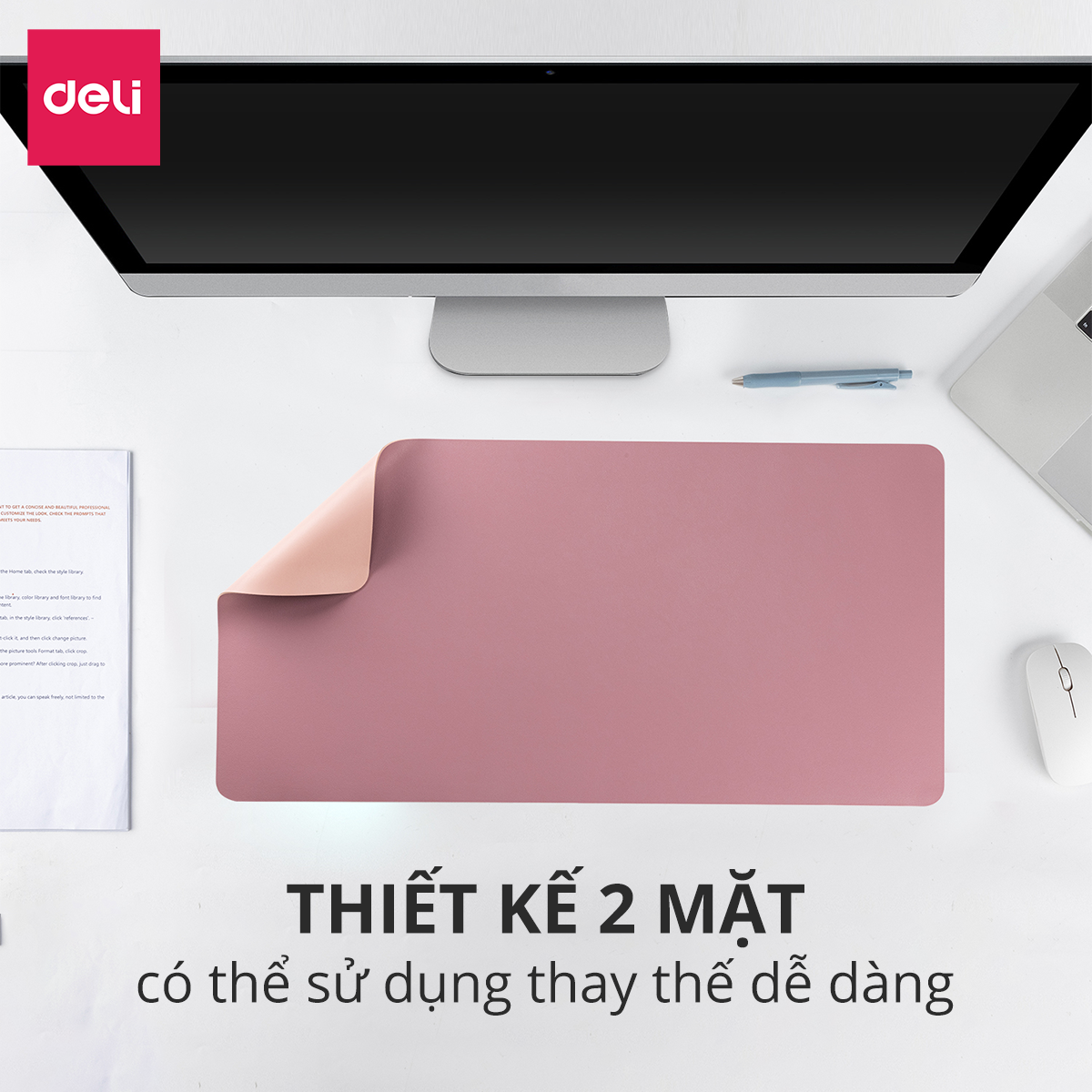 Bàn Di Chuột - Miếng Lót Chuột Hai Mặt Da PU Chống Nước Deli - Kiêm Deskpad Thảm Da, Trải Bàn Làm Việc - Nhiều Kích Cỡ Màu Sắc - Hàng Chính Hãng - VS782 VS783