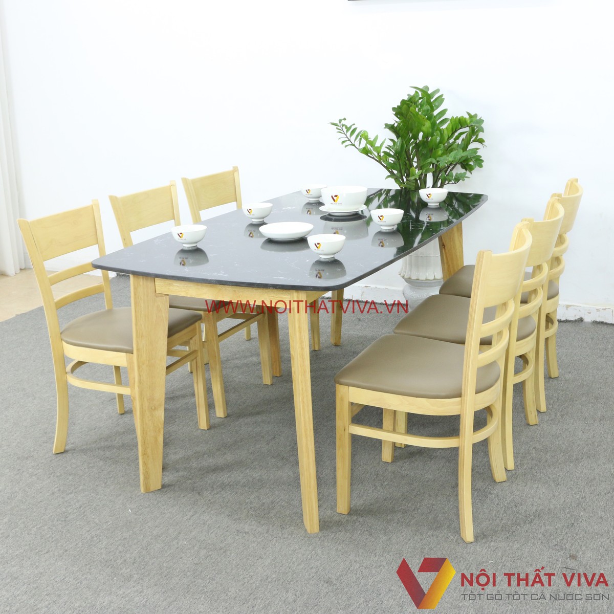 Bộ Bàn Ăn Cabin Mặt Đá Hoa Cương 6 Ghế Gỗ Cao Su Màu Vàng Đẹp Giá Rẻ