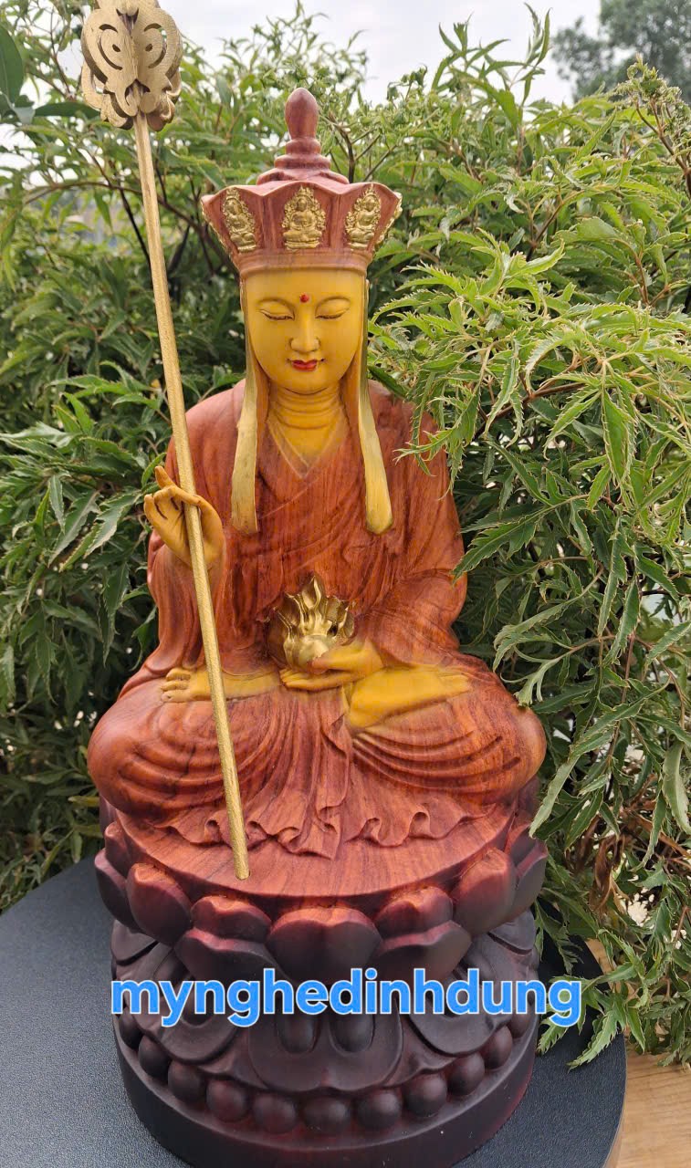 TƯỢNG PHẬT ĐỊA TẠNG VƯƠNG BỒ TÁT GỖ HƯƠNG ĐÁ PU GIẢ CỔ CAO 40X20X20CM