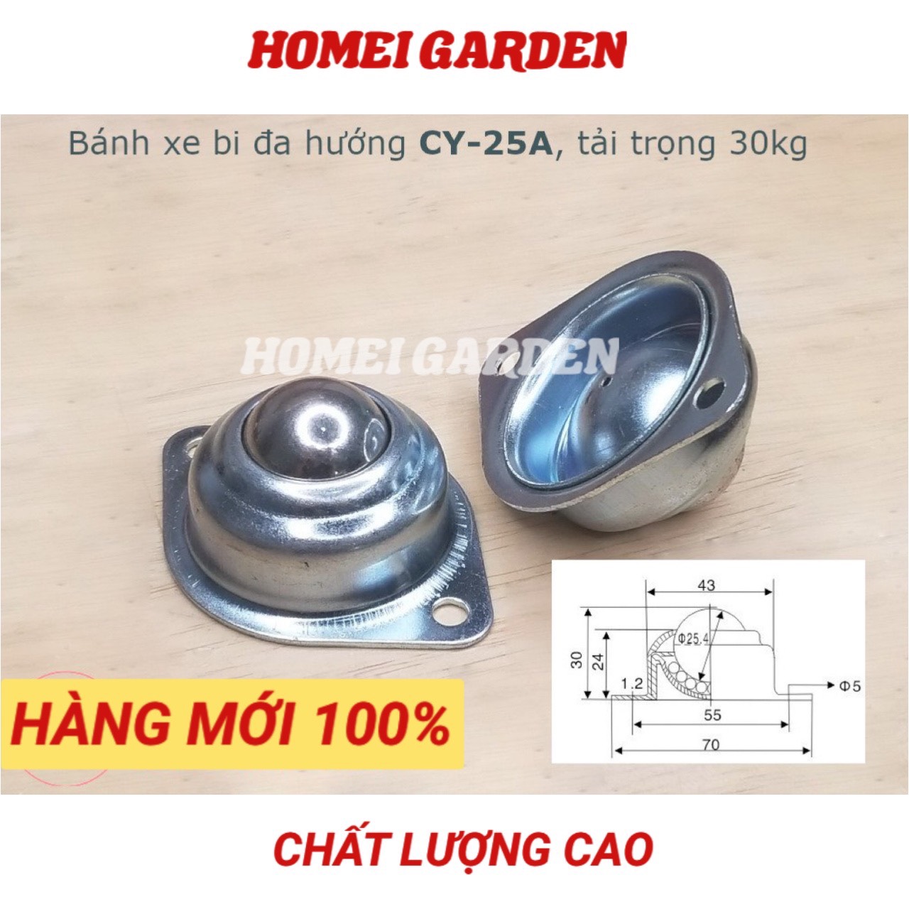 Bánh xe dẫn động đa hướng bi tròn thép, CY-25A tải 30kg chất lượng cao - HM0069