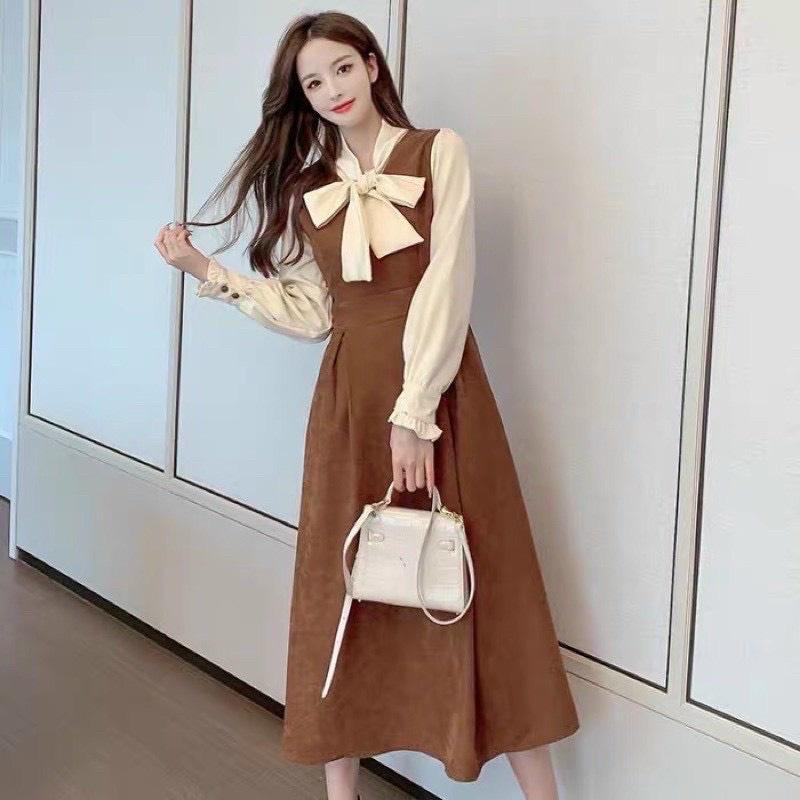 Váy đầm nữ dáng xòe phối tay cột nơ kiểu dáng thanh lịch duyên dáng thích hợp cho nàng đi chơi đi làm