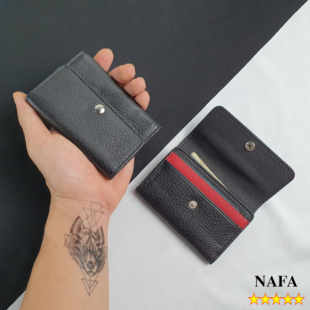 Ví mini đựng thẻ, ví đựng card da bò thật MN115 cao cấp màu đen phối đỏ tinh tế