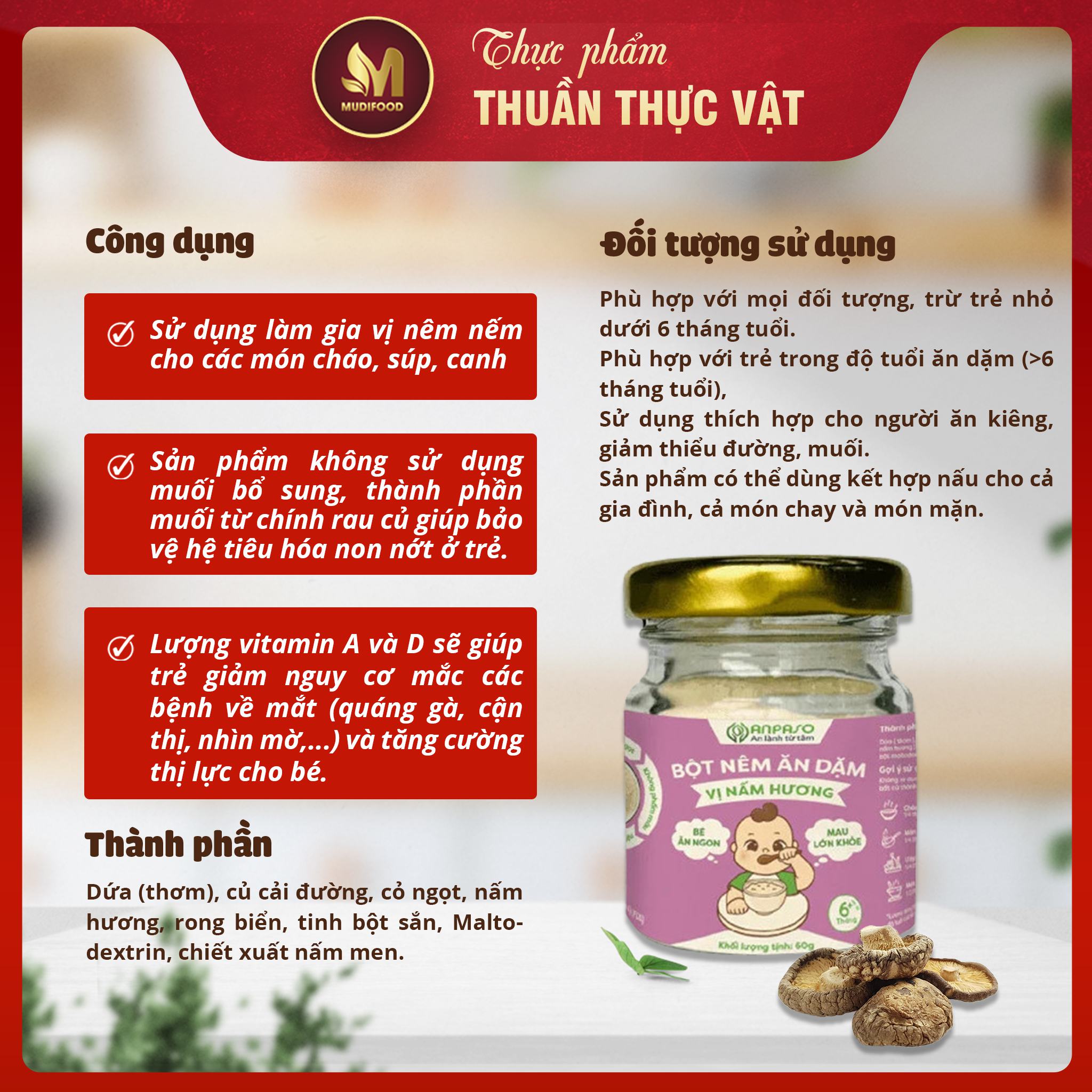 Bột Nêm Ăn Dặm Anpaso 60g - Vị Nấm Hương, Thực Phẩm Bổ Sung Dinh Dưỡng Cho Bé Ăn Dặm Cho Cả Gia Đình, Người Bị Bệnh Tim Mạch, Ăn Kiêng, Ăn Chay