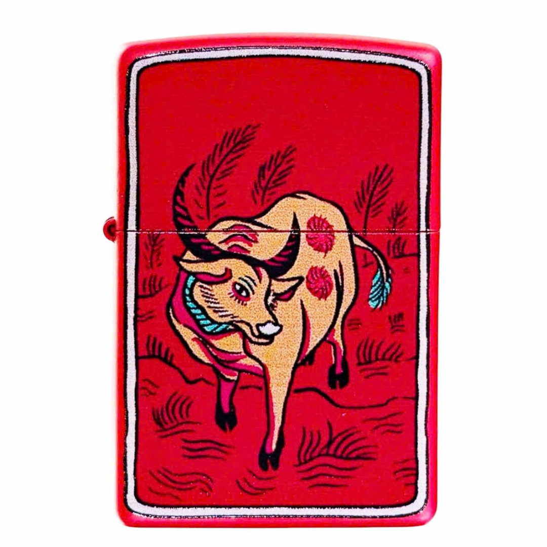 Bật lửa Zippo Year of the Ox - Phiên Bản 12 Con Giáp (Tuổi Sửu) Thiết Kế Việt Nam, Sơn Tĩnh Điện Đỏ May Mắn Chính Hãng
