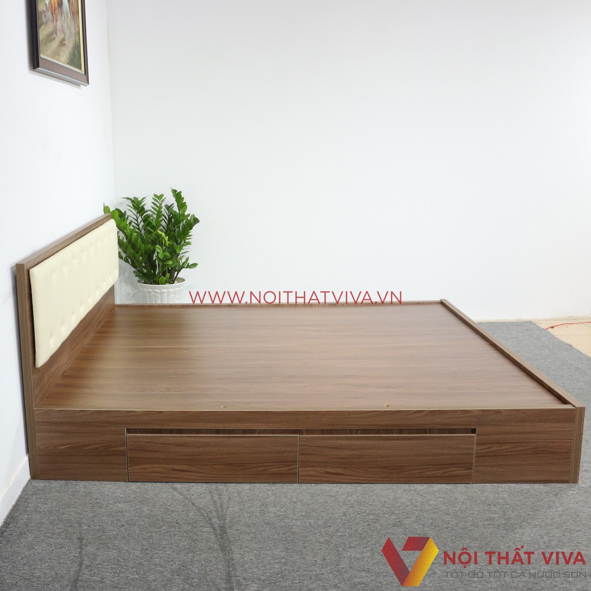 Giường Ngủ Gỗ Mdf Phủ Melamine Bọc Nệm Có Ngăn Kéo Màu Óc Chó + Trắng