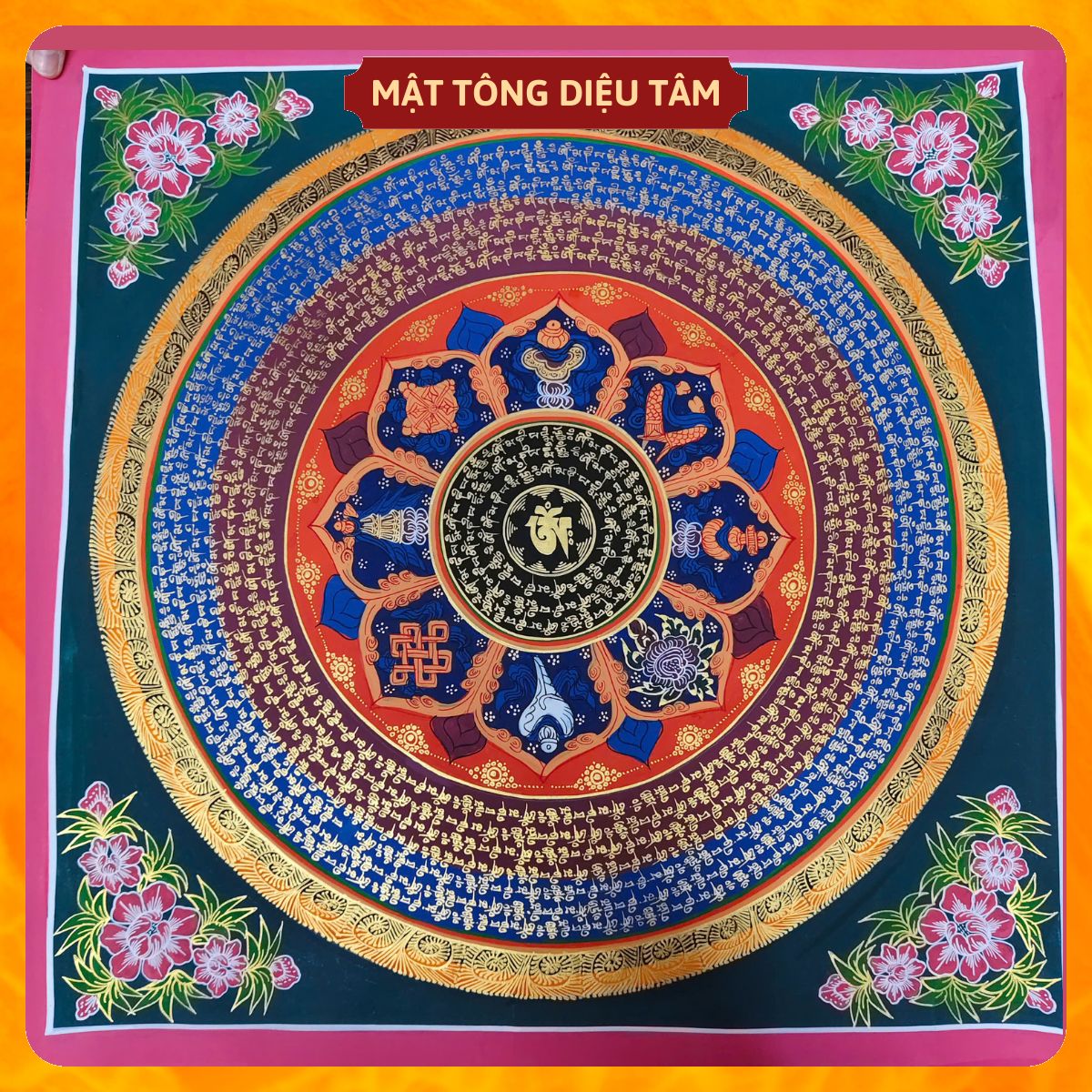 Tranh Mandala Lục Tự Chân Ngôn tranh Chú Om Vẽ Tay Thủ Công họa sư Nepal 55cm kim cương thừa [ tranh KHÔNG KHUNG] Mật tông Diệu Tâm