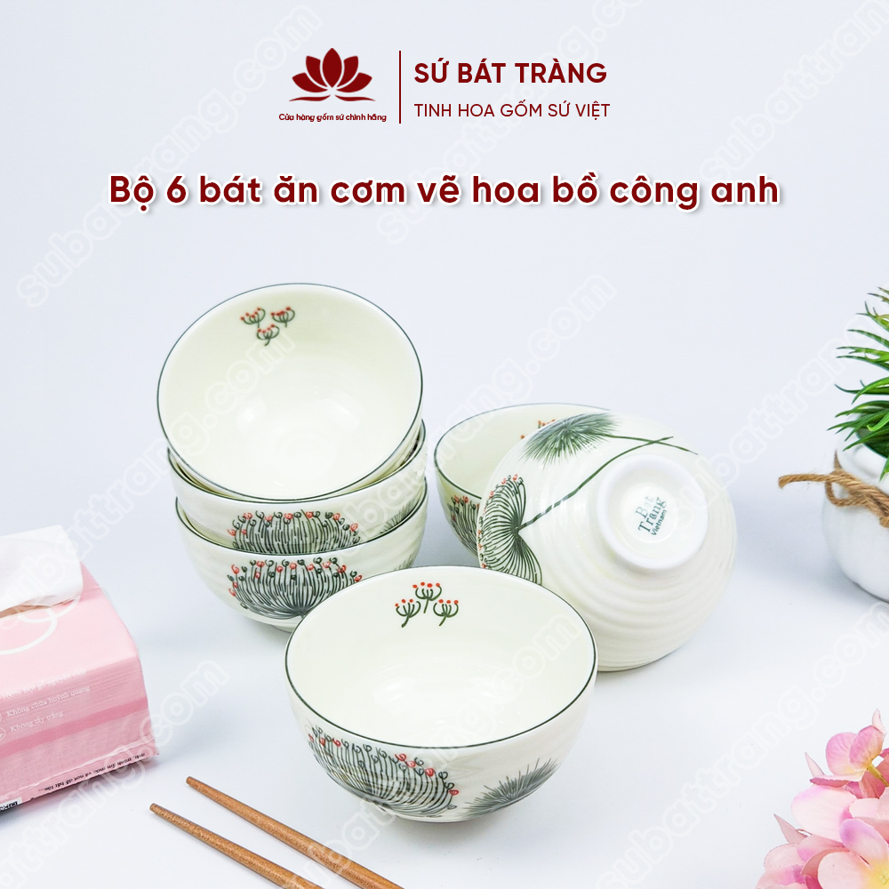 Bộ bát ăn cơm vẽ hoa bồ công anh sứ Bát Tràng đẹp - Bộ 10 và 6 bát