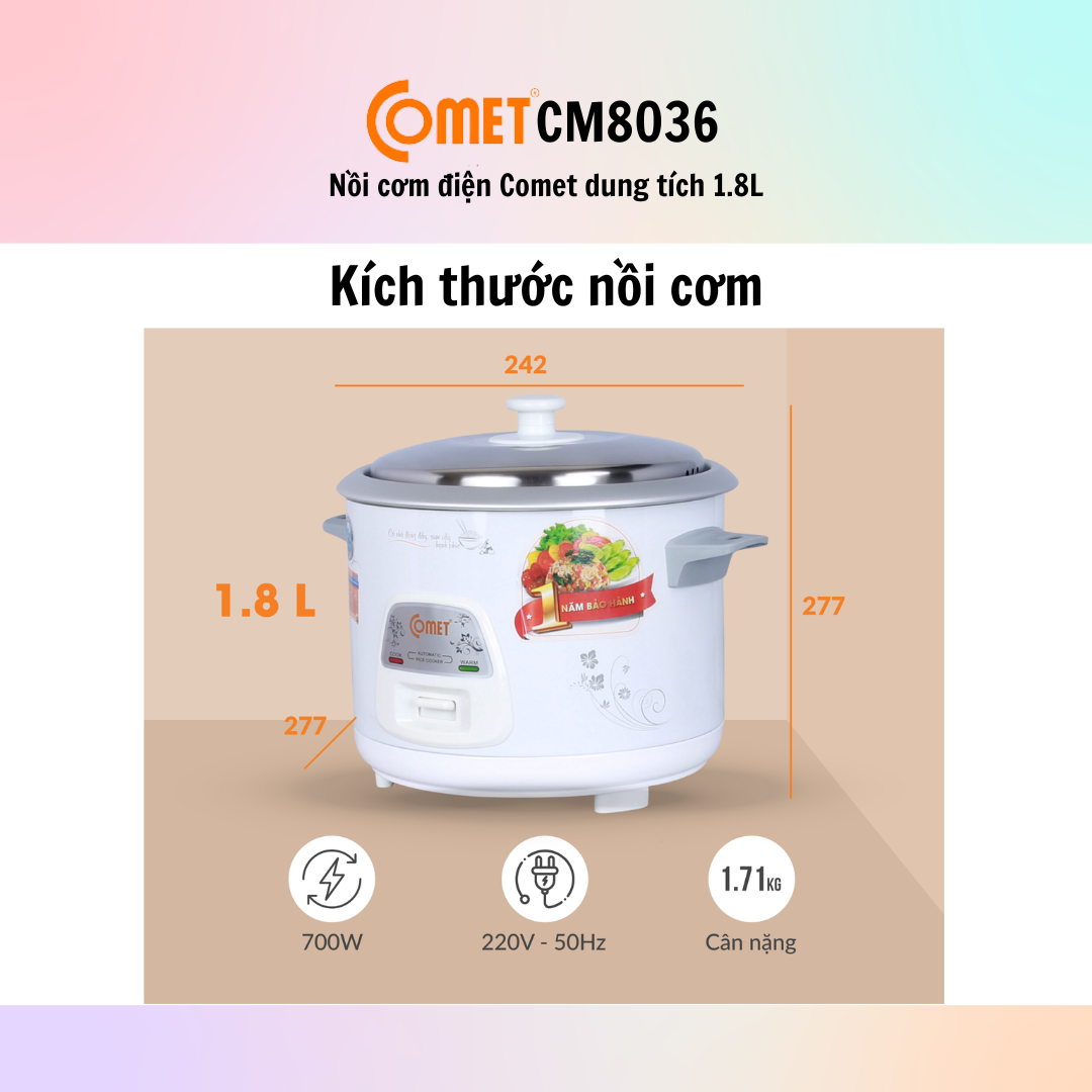 Nồi Cơm Điện Comet CM8036 (Dung tích 1.8L) - Hàng Chính Hãng - Bảo Hành 12 Tháng