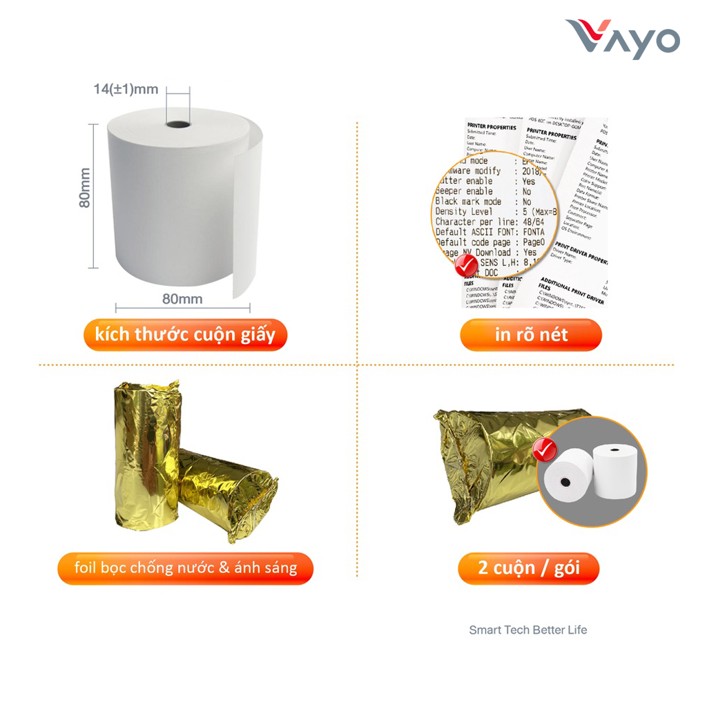 Giấy in nhiệt Giấy in bill VAYO Khổ 80 x 80 mm - định lượng 65gsm - In rõ nét - Lõi siêu nhỏ - Hàng chính hãng