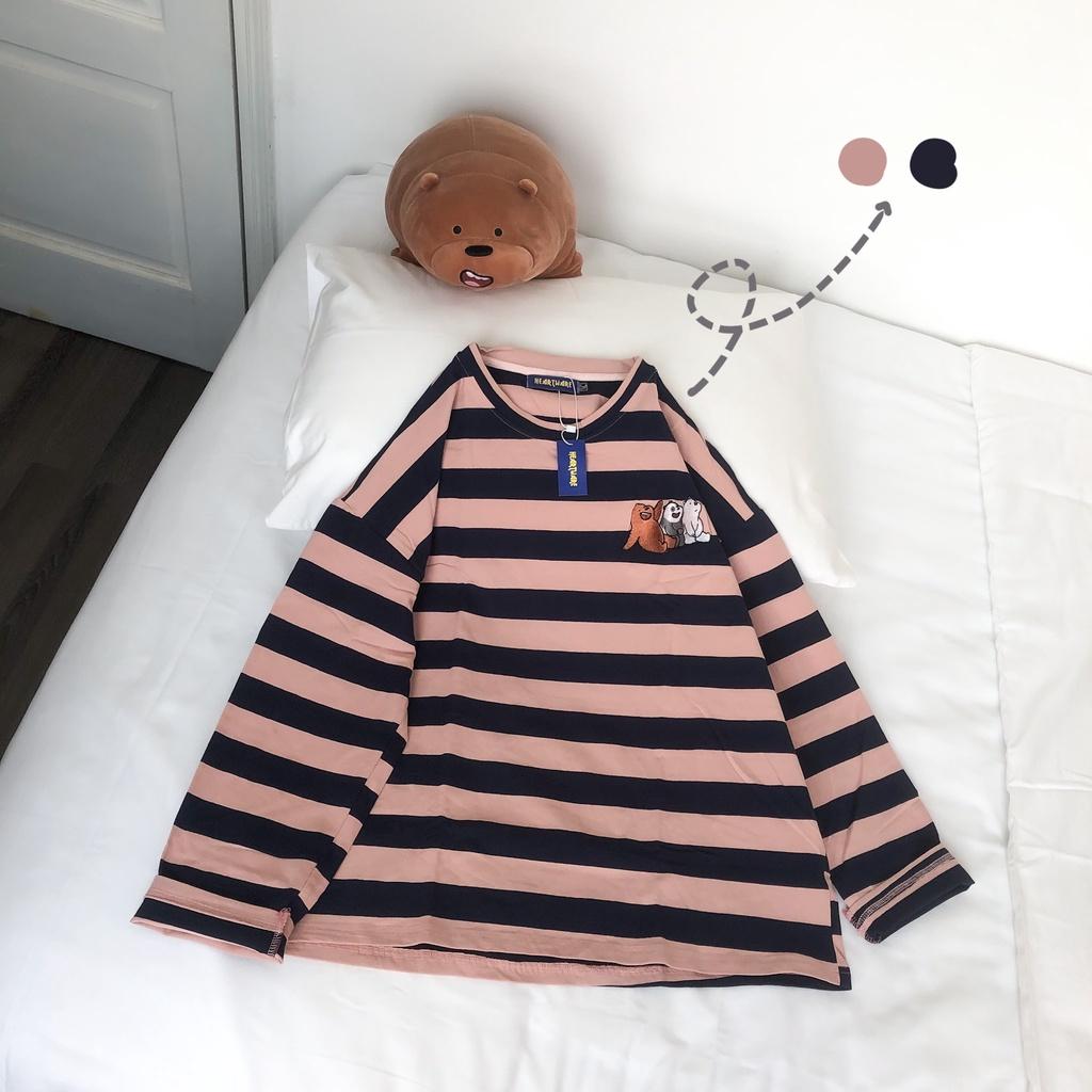 Áo dài tay kẻ ngang MEANSTORE phông Unisex nam nữ tee oversize form rộng pull Ulzzang Hàn Quốc vải mềm- Thêu gấu