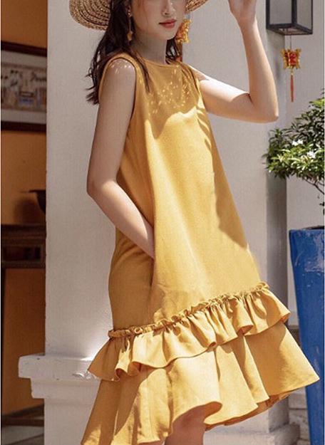 Đầm suông vàng không tay bèo tầng - DS207