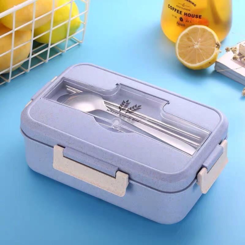 Hộp Đựng Cơm Lúa Mạch 3 Ngăn Kèm Thìa Đũa Inox Tiện Dụng
