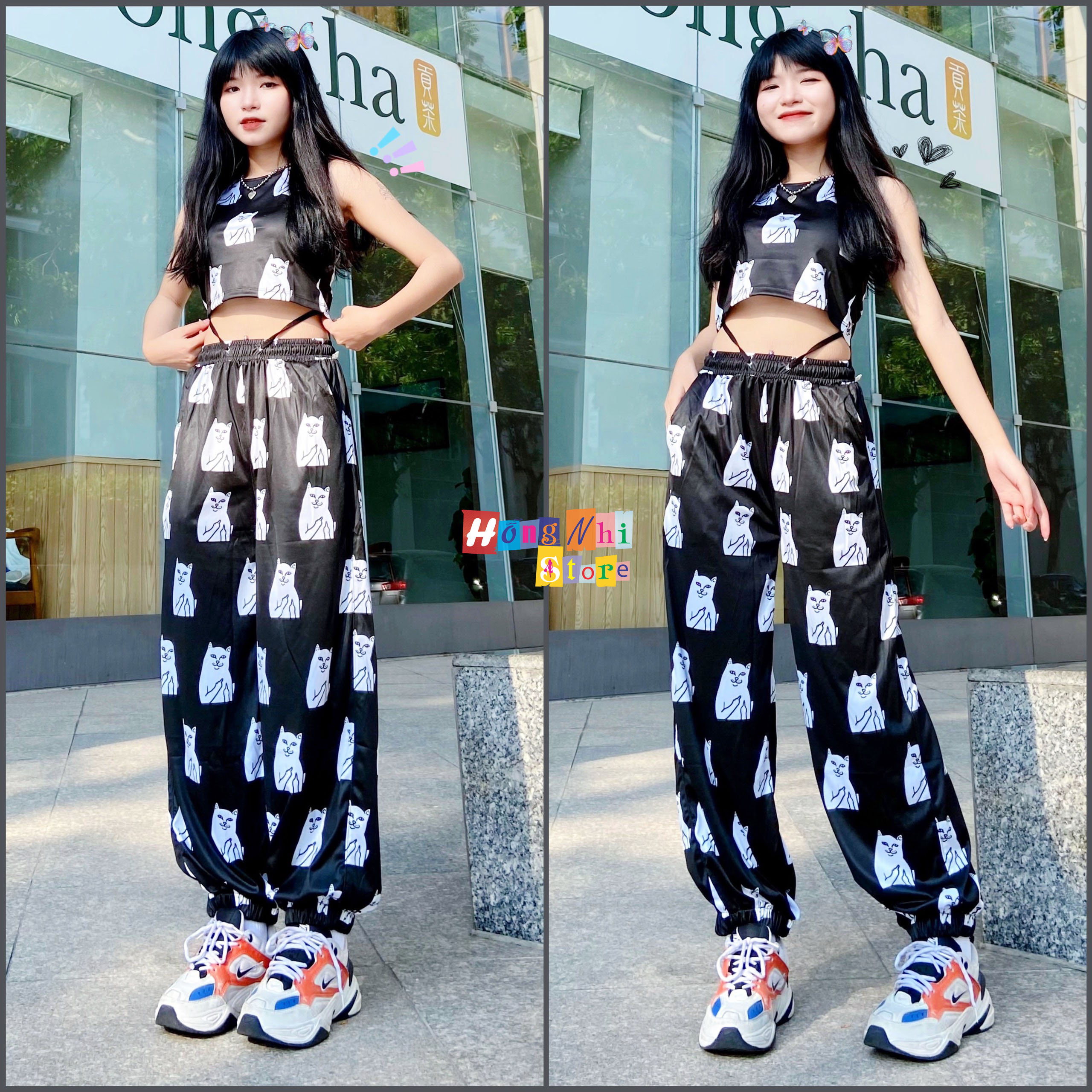 Quần Hoạt Hình Dài Bo Lai Mèo Trắng Cartoon Pant V2 Oversize Ulzzang Unisex - MM