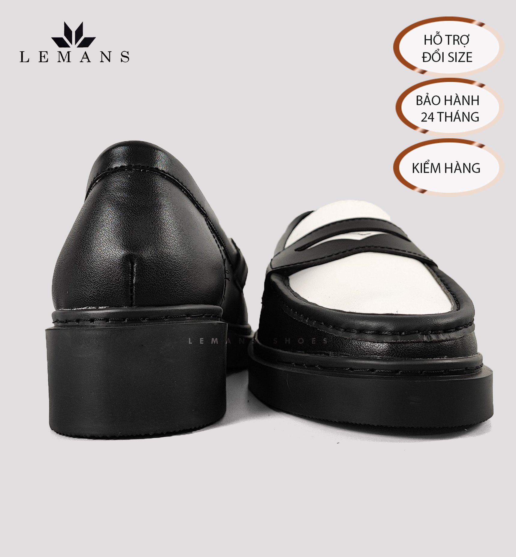 [TẶNG XI KO MÀU] Giày Penny Loafer da bò Trắng đen LEMANS, đế tăng chiều cao 4cm cho nam, giầy da, bảo hành 12-24 tháng