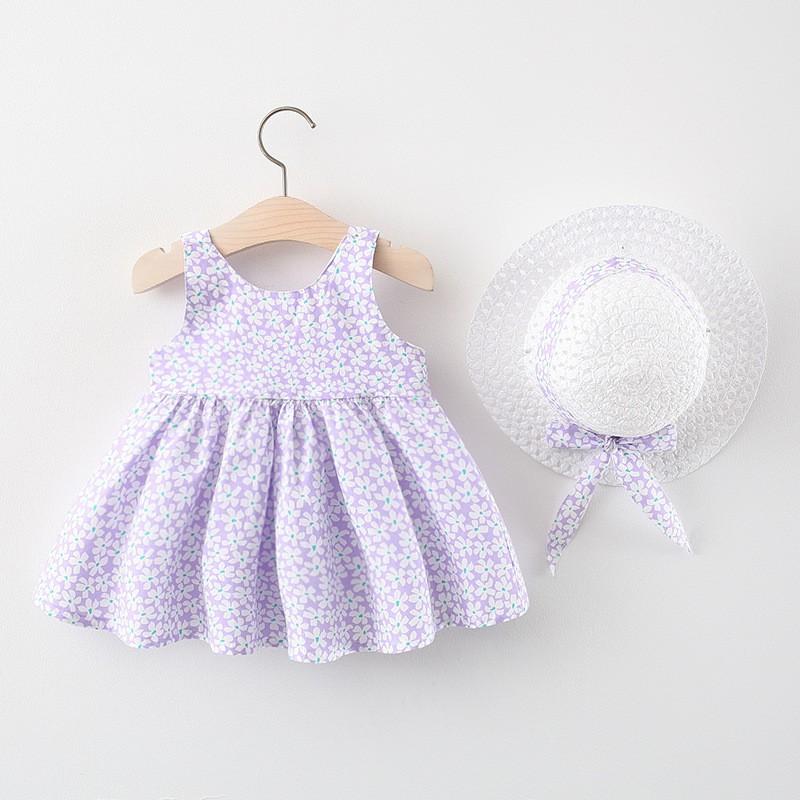 Váy Bé Gái Hai Dây Kèm Nón, Chất Cotton Thoáng Mát Thích Hợp Mặc Mùa Hè