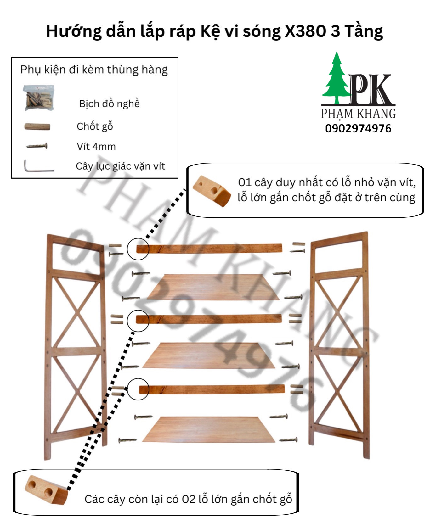 Kệ lò vi sóng gỗ 3 tầng Phạm Khang - Gỗ cao su tự nhiên màu Gỗ Tự Nhiên/ Vàng Cherry - Kích thước rộng 62 cm