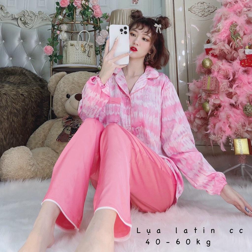 Đồ bộ nữ mặc nhà, đồ ngủ Pijama dễ thương lụa latin tay dài quần dài, Freesize dưới 60kg MYSTORE S24