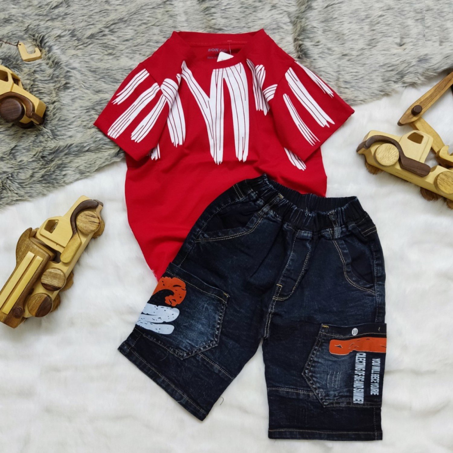K0003421 Set áo thun quần jean 4 túi vải nhập siêu co giãn bé trai 6-12 tuổi