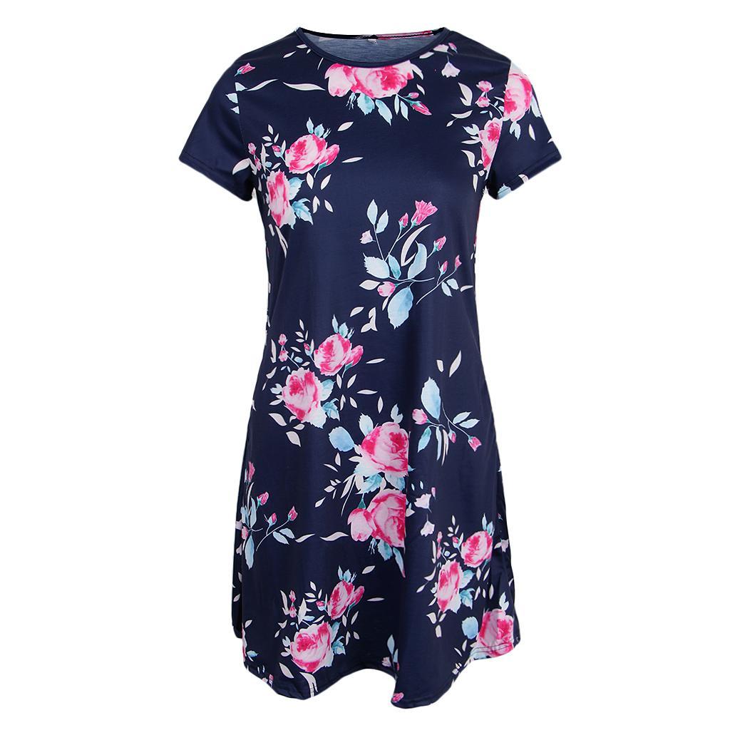 Women's Casual Floral Flared Skater Dress Short Sleeve A Line Dress with Pockets