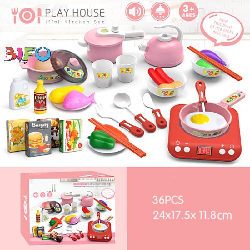 Bộ đồ chơi nấu ăn 36 món có bếp dùng pin có nhạc và đèn, thiết kế y như thật