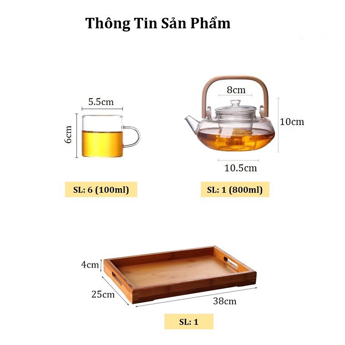 Bộ ấm chén pha trà thủy tinh quai gỗ kèm khay gỗ cao cấp