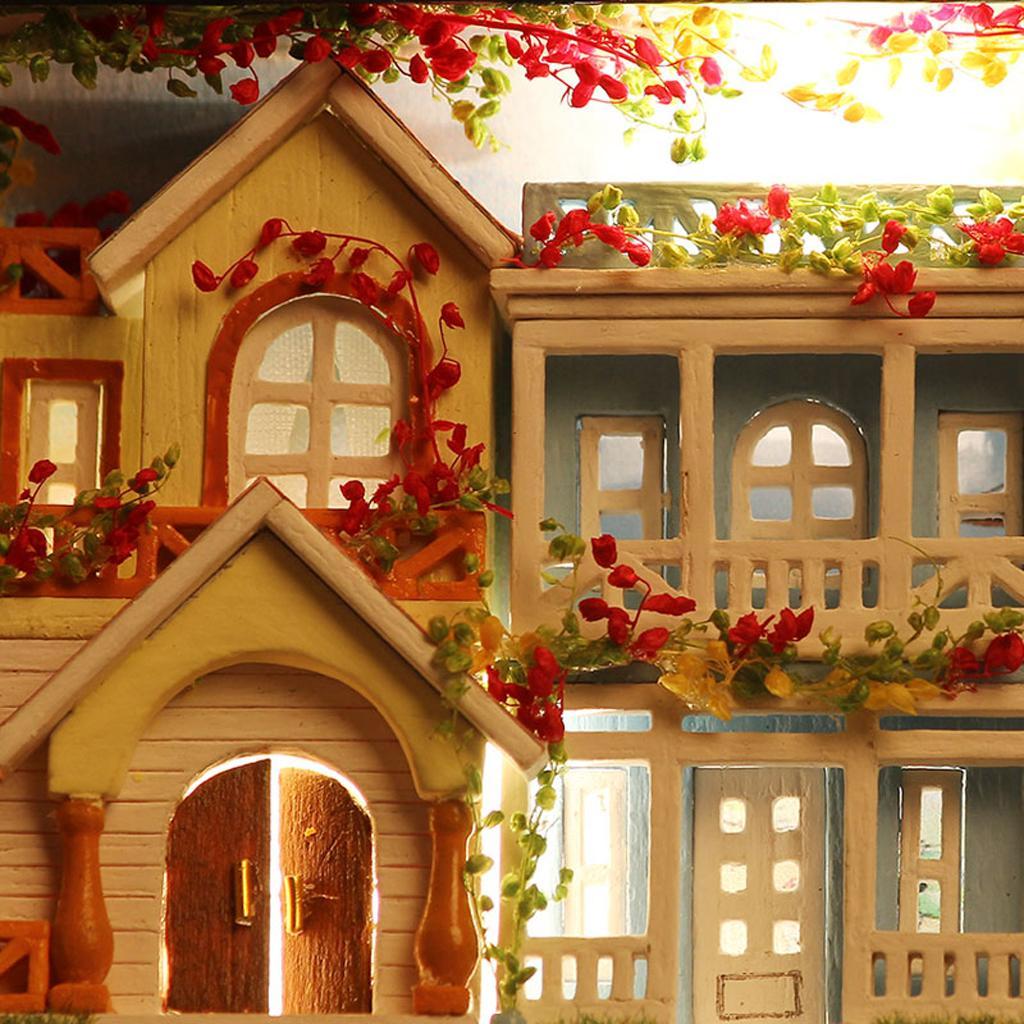 Wooden Dollhouse House Kit with Lights DIY Puzzle Toys Creative Room Romantic Dollhouse Decor Accessory for Kids Women Friends Adults